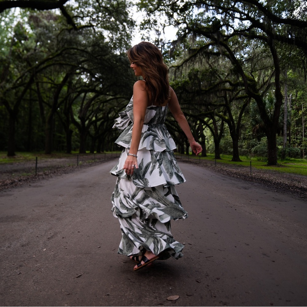 Palm frond tiered maxi dress